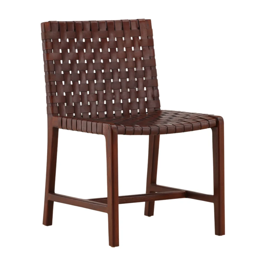 Chair by Dovetail Benson with teak wood frame in dark brown finish and interwoven leather straps