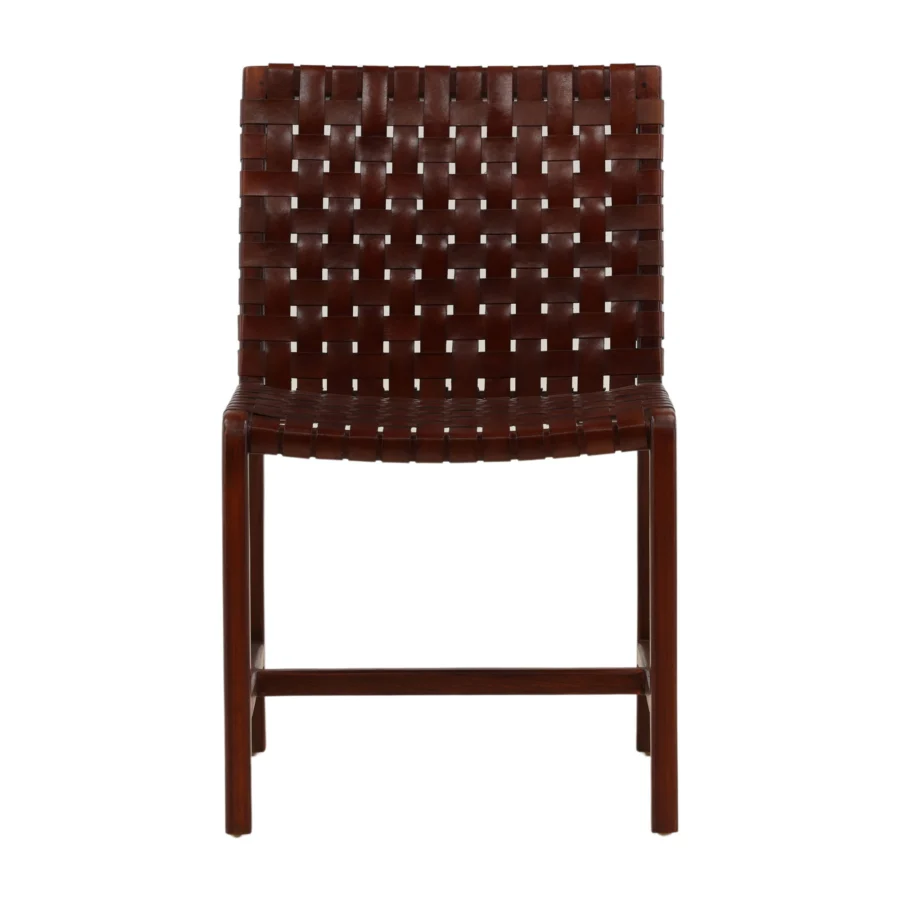 Dining chair by Dovetail Benson featuring teak wood frame, polished finish, woven leather straps, dark brown color