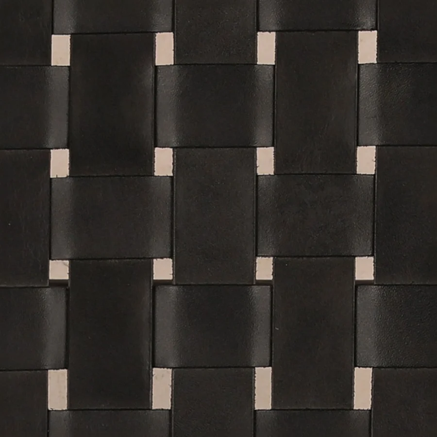 Dining chair by Dovetail Benson in black leather basketweave upholstery with a natural teak wood frame geometric pattern