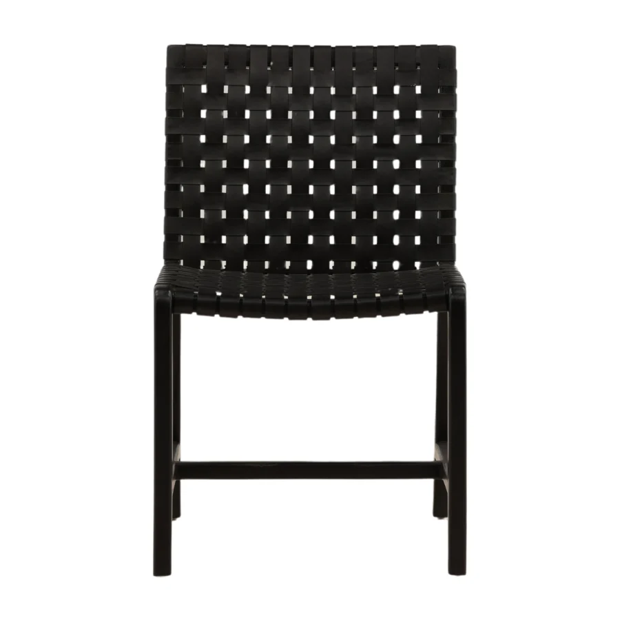 Dining chair by Dovetail Benson in smooth teak wood with black woven leather seat and back on an upright geometric…