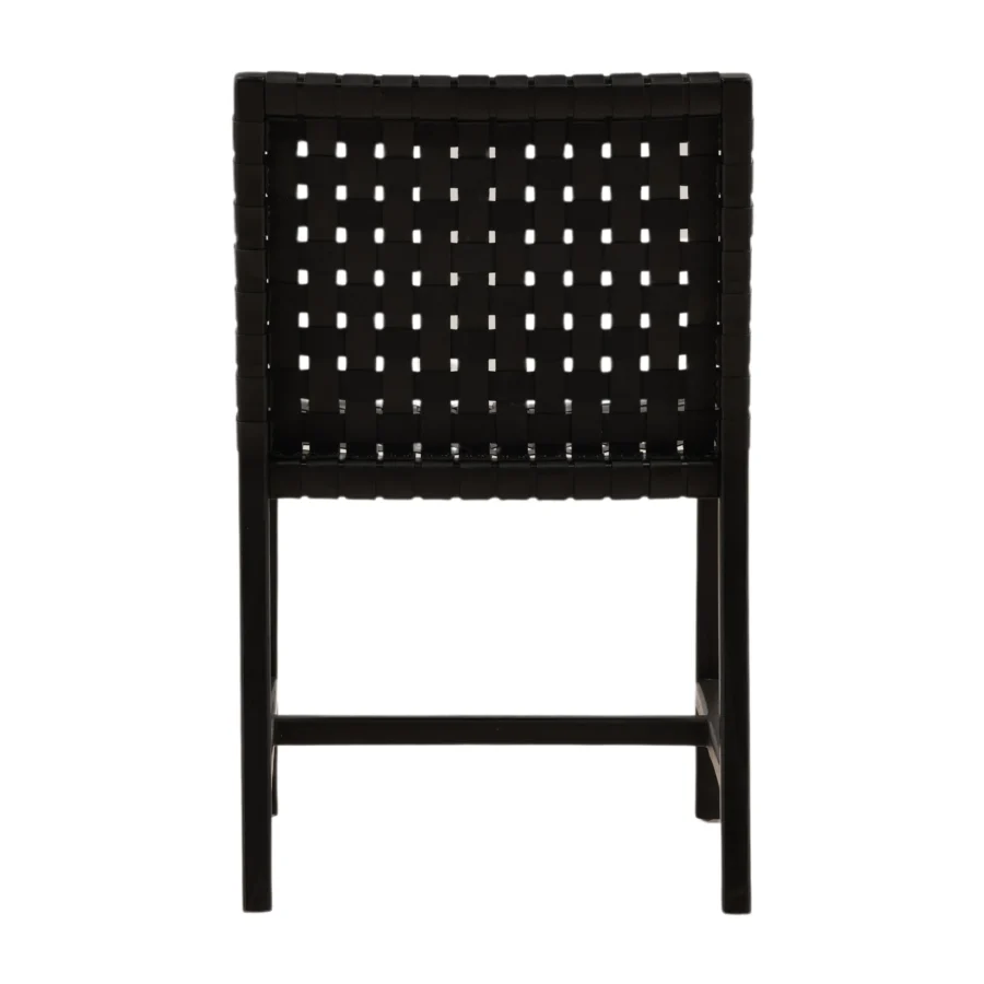 Dining chair by Dovetail Benson in teak wood with matte black finish plus woven leather seat and back geometric frame