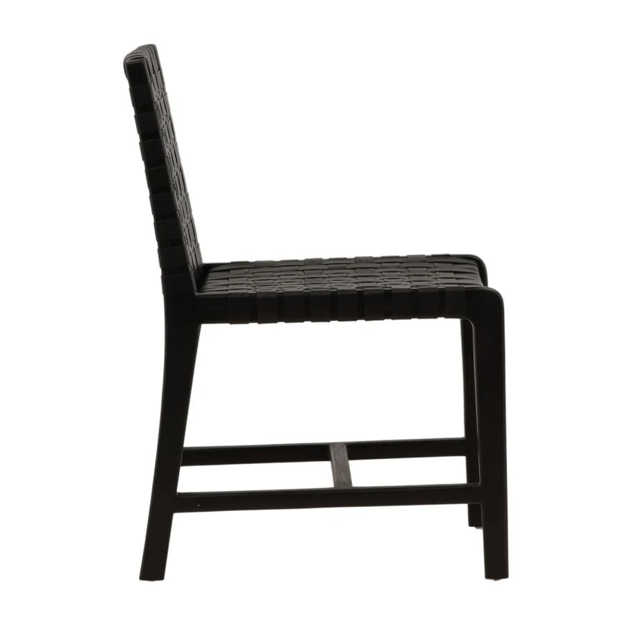 Dining chair by Dovetail featuring a teak frame and leather seat, finished in matte black