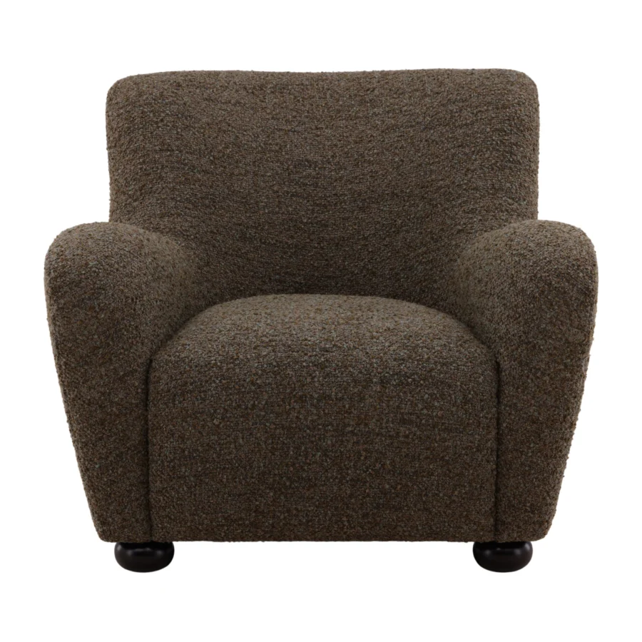 Lounge chair by Dovetail Zulia in brown multi-tonal bouclé upholstery with dark glossy wood bun feet and curved frame