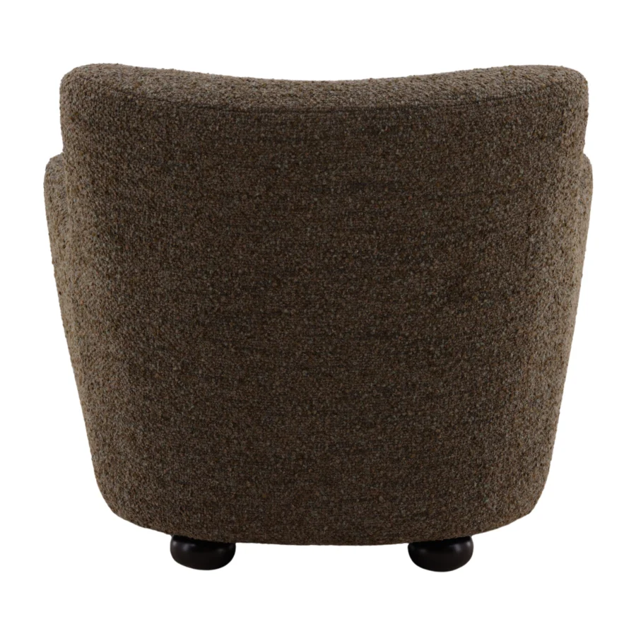 Lounge chair by Dovetail Zulia in dark brown bouclé upholstery and glossy wood feet featuring a curved barrel silhouette