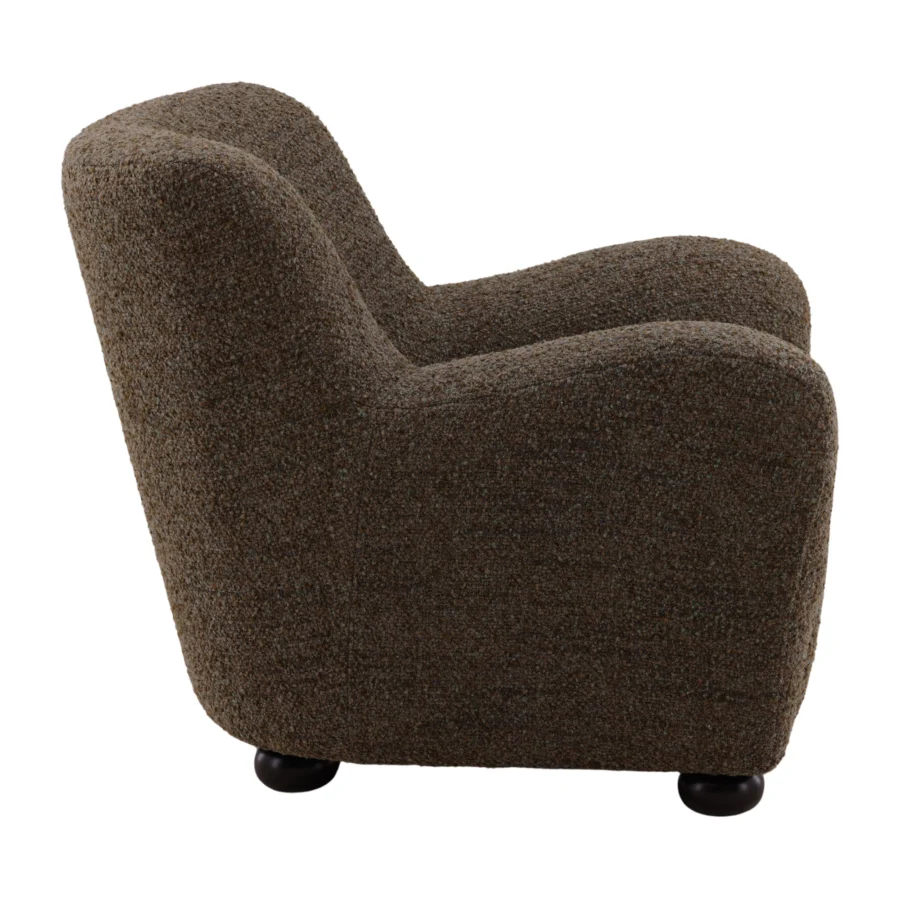 Lounge chair by Dovetail Zulia in heathered brown textured bouclé fabric with dark wood bun feet and low rounded arms