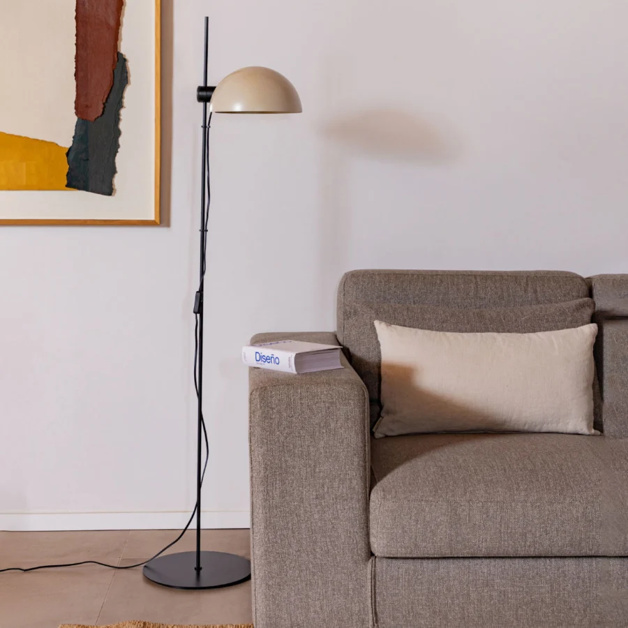 Floor lamp by Faro Barcelona with matte black metal frame plus glossy light beige dome shade and adjustable joint stem