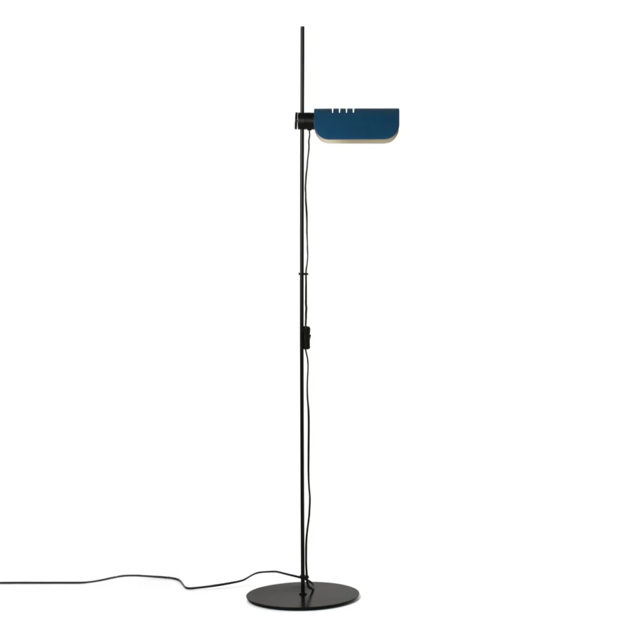 Floor lamp by Faro Barcelona in metal, possessing a matte black base, stem, and deep blue shade