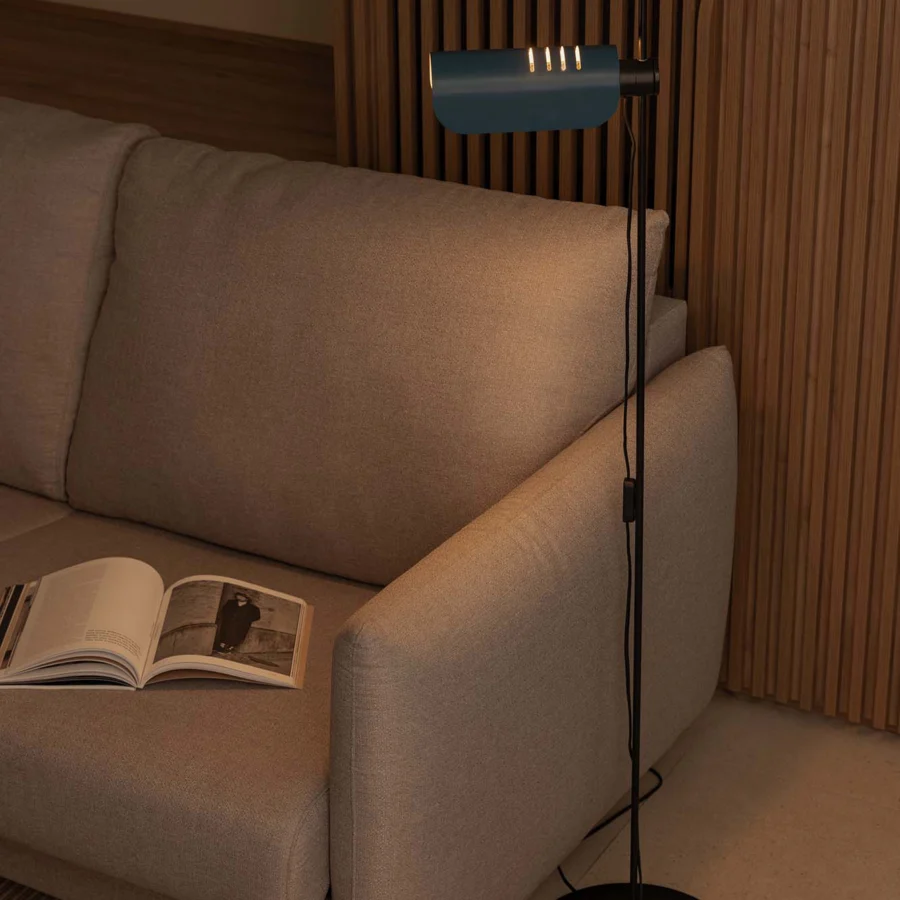 Floor lamp by Faro Barcelona in matte metal with a black base, stem and muted blue cylindrical shade
