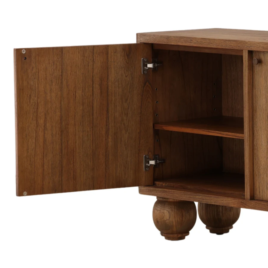 Sideboard by Dovetail Madden in brown mindi wood veneer with smooth matte finish four doors rounded feet and knobs