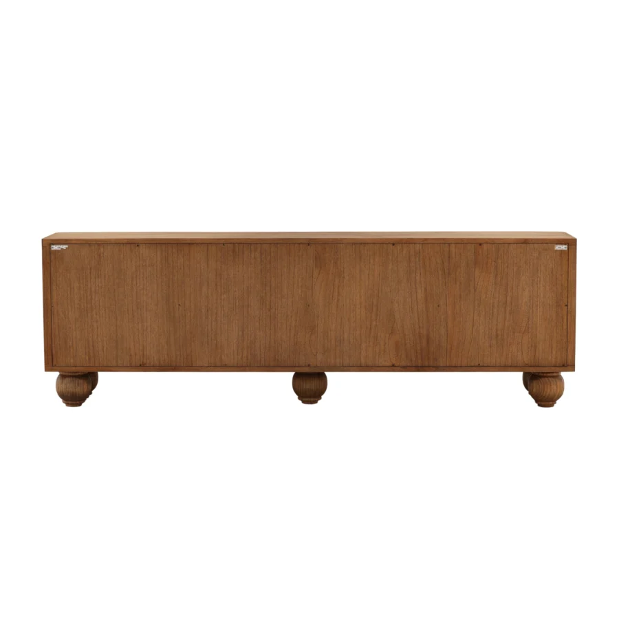 Sideboard by Dovetail Madden in brown mindi wood veneer featuring smooth matte finish four doors and turned bun feet