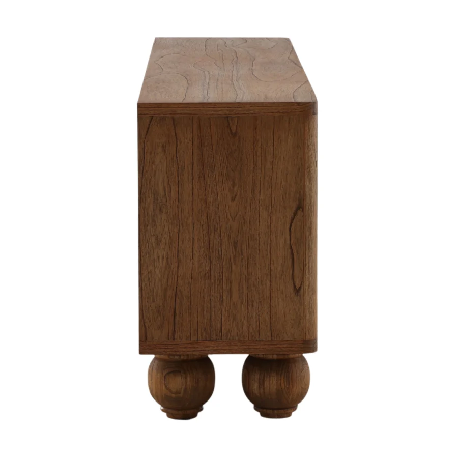 Sideboard by Dovetail Madden in brown mindi wood veneer with matte finish, four doors, vertical reeding and bun feet