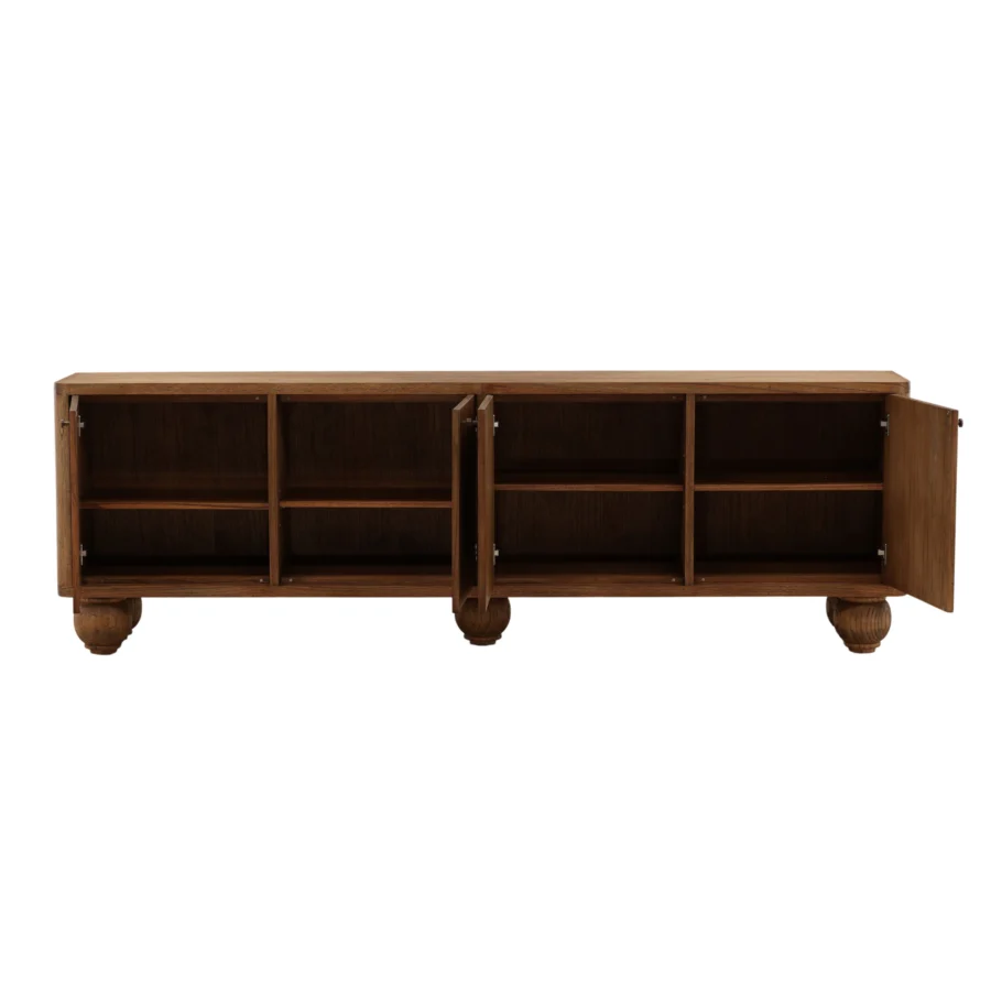 Sideboard by Dovetail Madden crafted from brown mindi wood veneer featuring matte finish four doors and bun feet