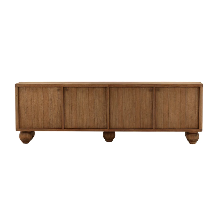 Sideboard by Dovetail Madden in brown mindi wood veneer with rich finish, four reeded doors, circular knobs, three feet