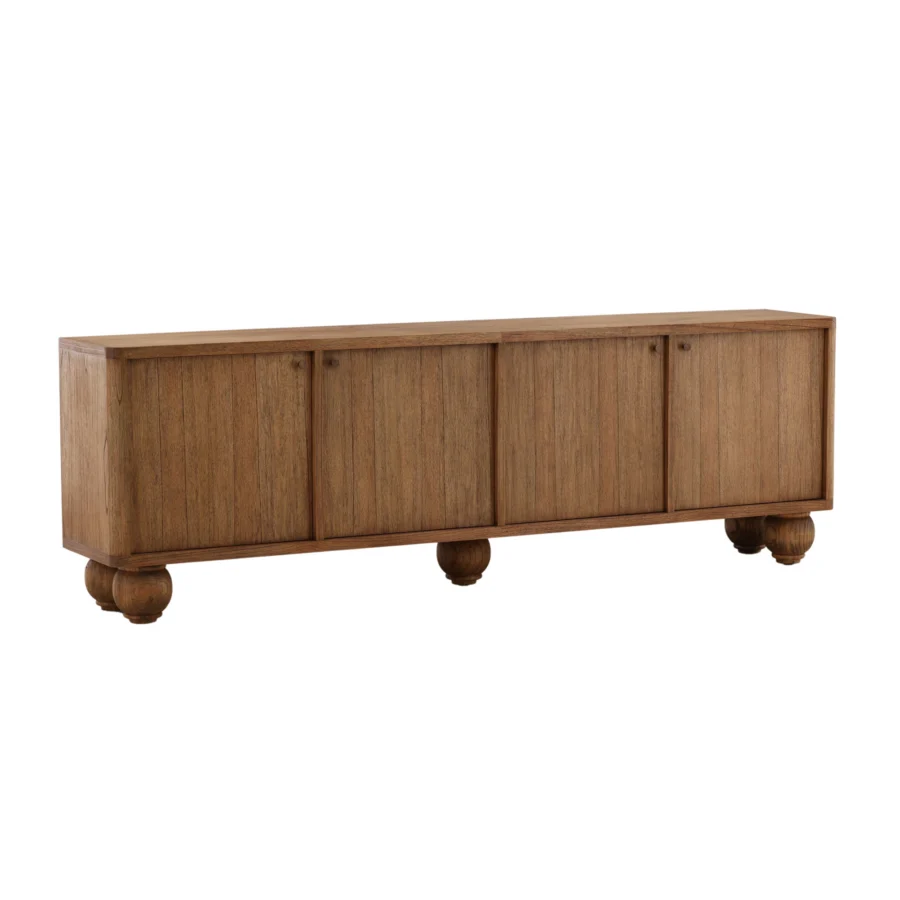 Sideboard by Dovetail Madden in brown mindi wood veneer with matte finish, four reeded doors, circular hardware, bun feet