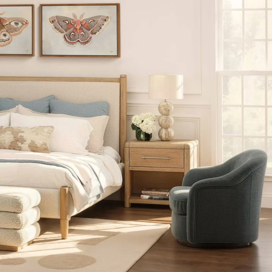 Nightstand by Dovetail in natural rubber wood and oak veneer with matte finish, featuring drawer and open shelf
