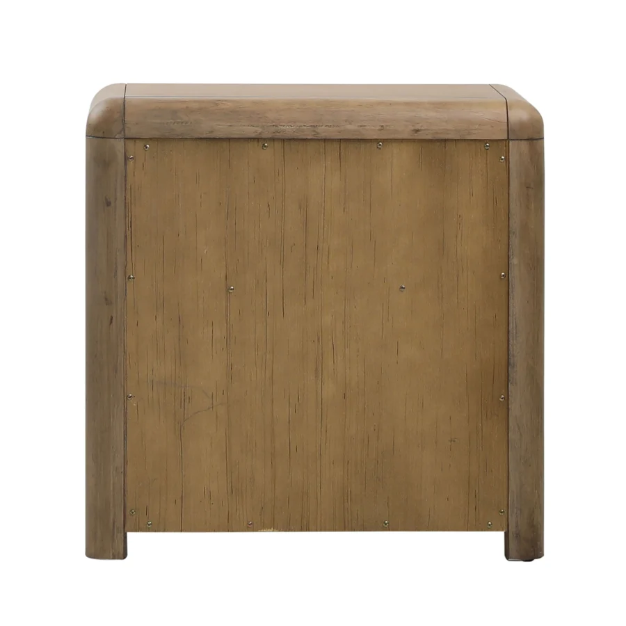 Nightstand by Dovetail in natural rubber wood and oak veneer with polished medium brown finish, displaying rectangular shape