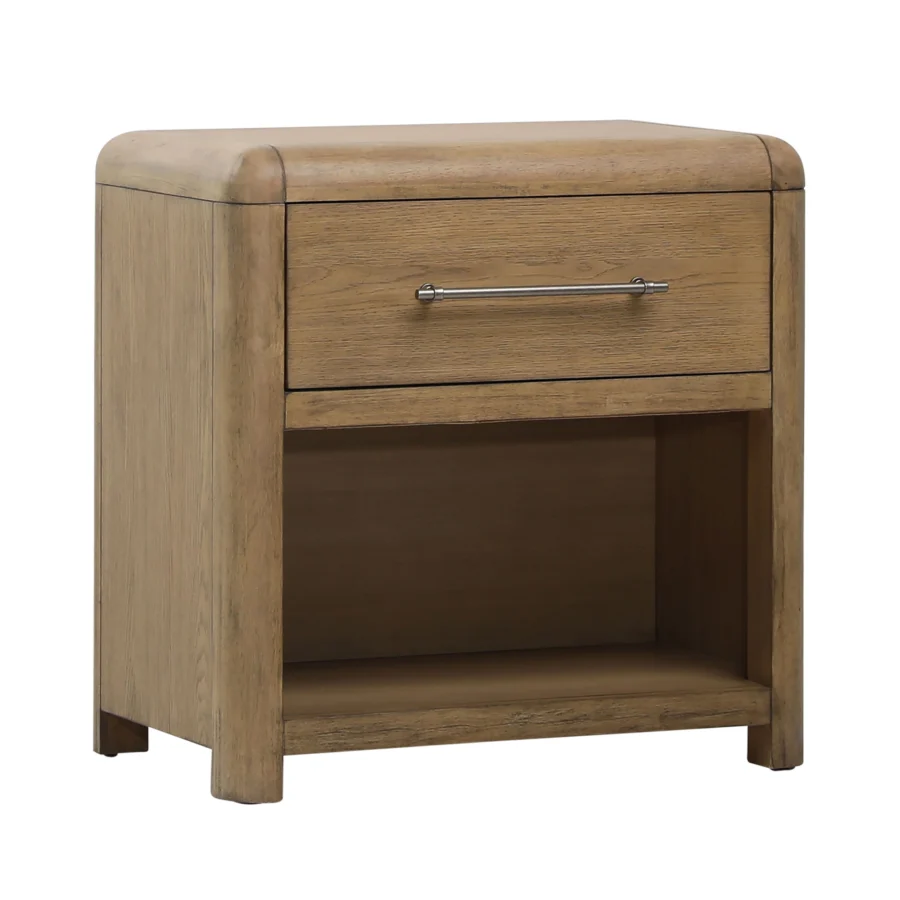 Nightstand by Dovetail built from rubber wood and oak veneer featuring a single drawer alongside brushed metal pull and open…