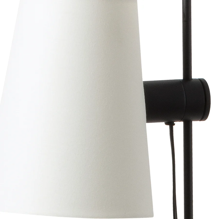 Floor lamp by Faro Barcelona Lupe in matte black metal and white fabric with a slender cylindrical stem, conical shade