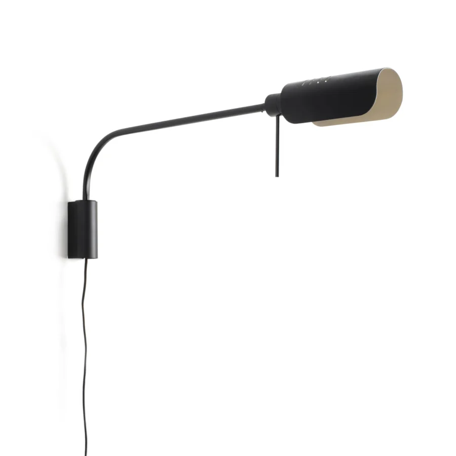 Lamp by Faro Barcelona Martinica in metal with matte black finish, tubular arm, and cylindrical shade having an off-white interior
