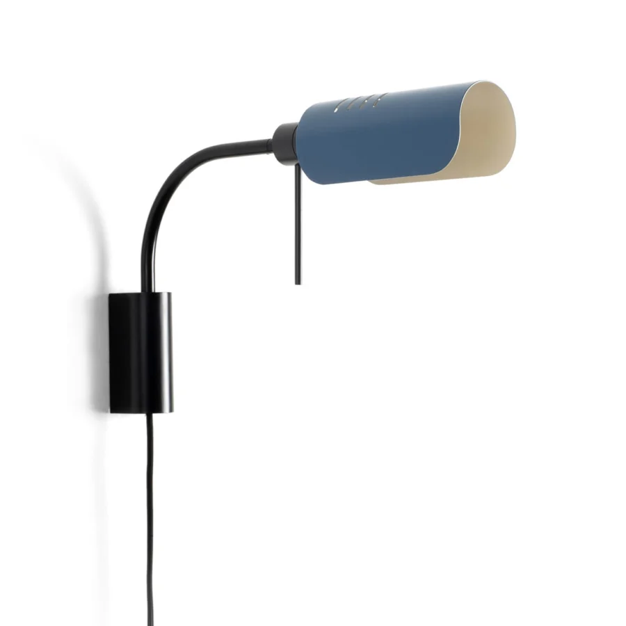 Wall-lamp by Faro Lab in metal with matte black finish, blue cylindrical shade, off-white interior and pull-chain switch