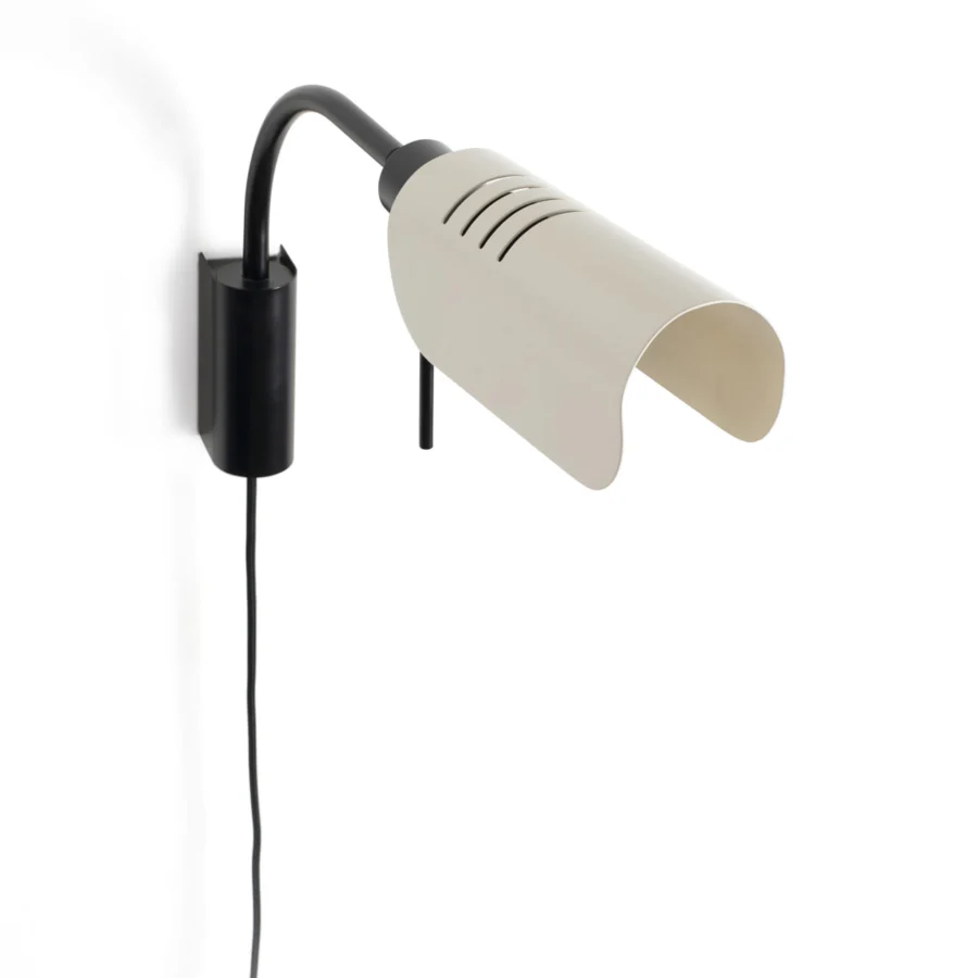 Wall lamp by Faro Barcelona in matte metal with black arm and light beige slatted shade for directional lighting control