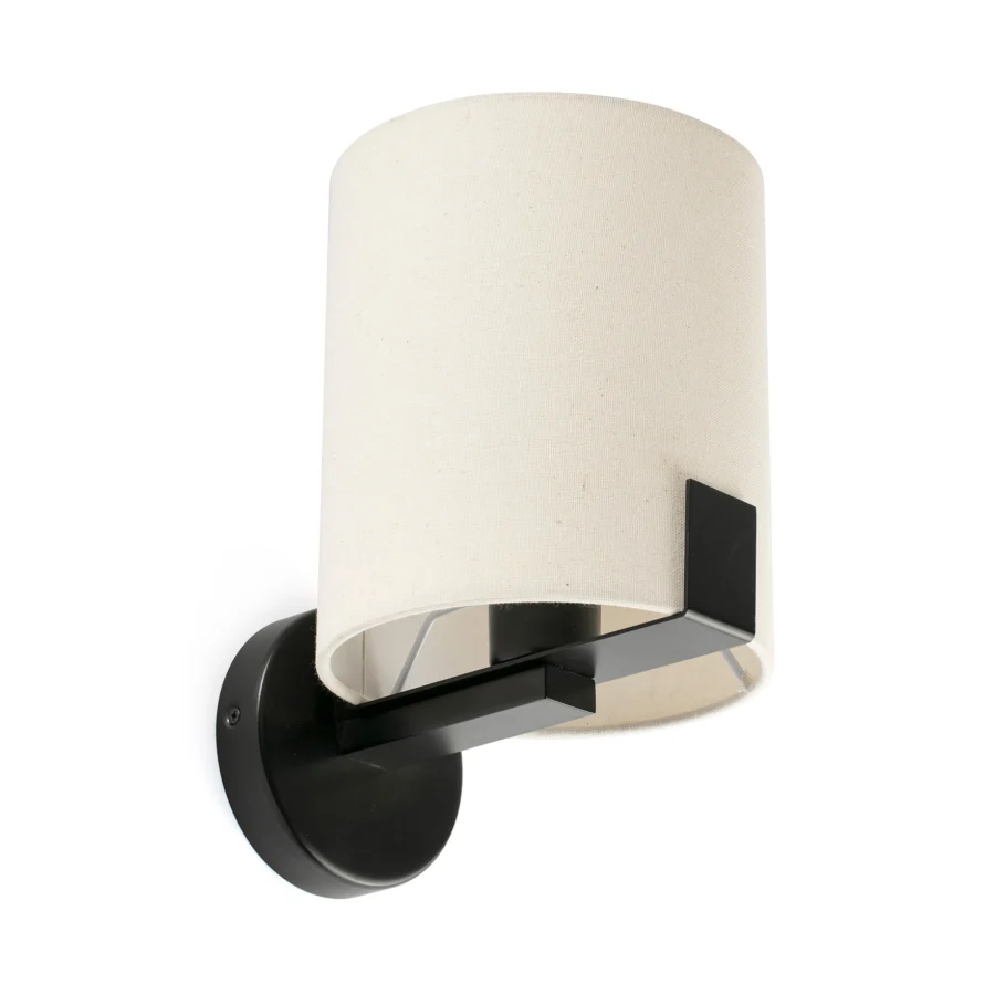 Wall lamp by Faro Barcelona with cylindrical fabric shade and black metal arm in a matte finish for monochromatic contrast