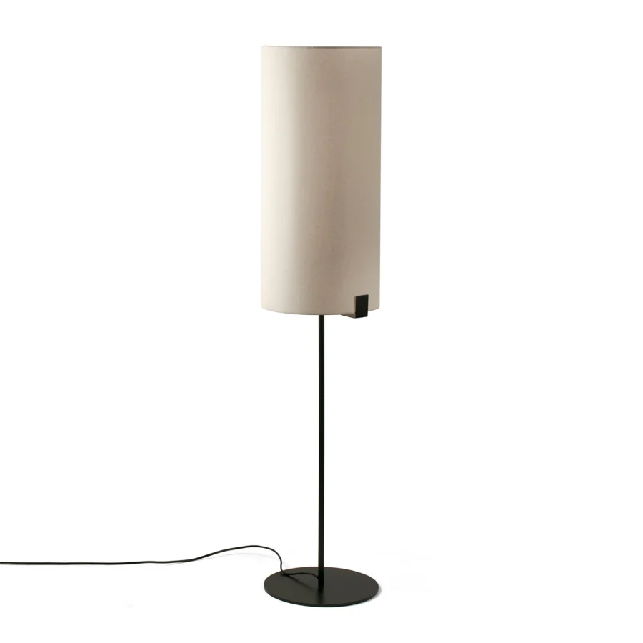 Floor lamp by Faro Barcelona with textured fabric shade, dark metal stem, flat circular base and matte vertical structure