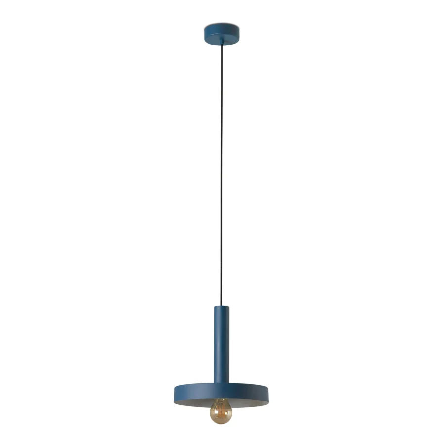 Suspension lamp by Faro Barcelona in metal with a matte dark blue finish, flat circular shade and exposed amber glass…
