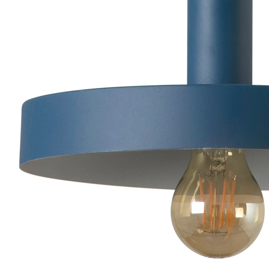 Pendant lamp by Faro Barcelona in metal with matte blue finish, circular shade, vertical stem and exposed glass bulb
