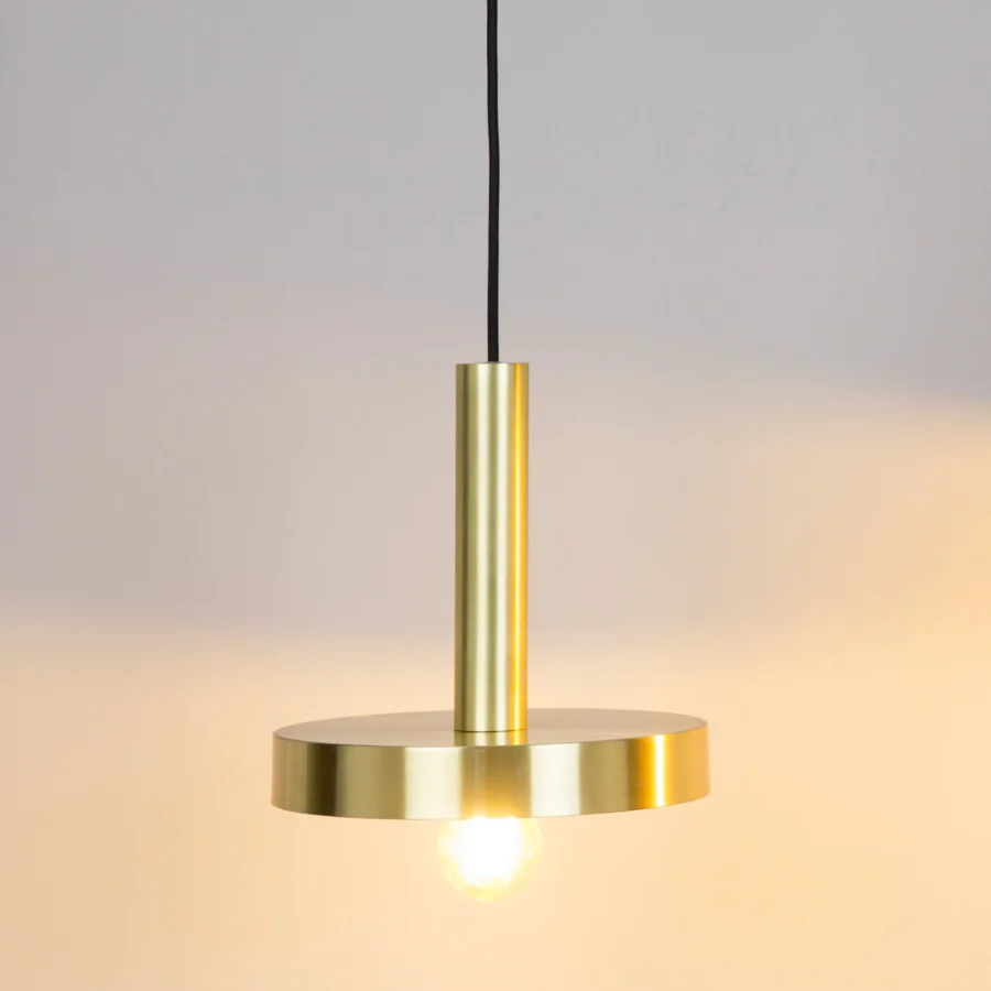 Suspension lamp by Faro Barcelona Whizz in brushed brass metal with a black textile cord and an exposed spherical bulb