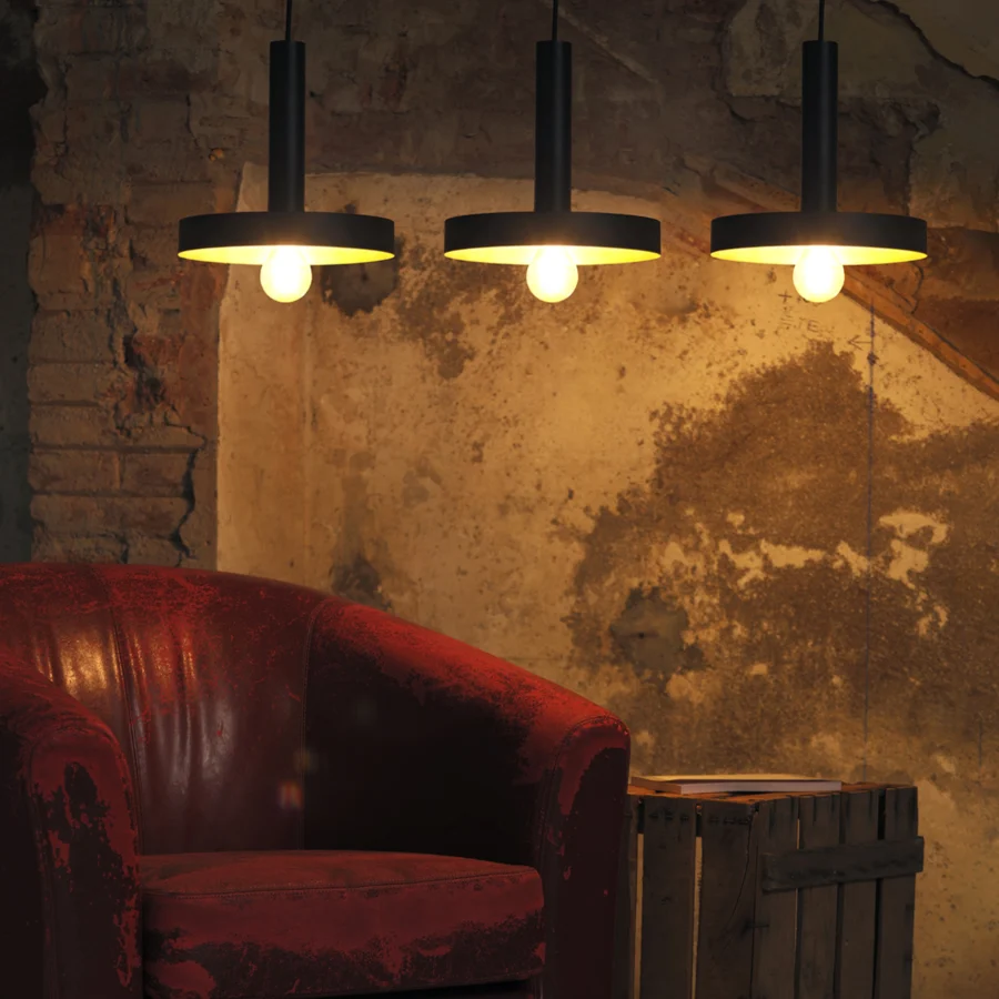 Suspension lamp by Faro Barcelona Whizz in metal with matte black finish and warm gold interior for focused downward glow