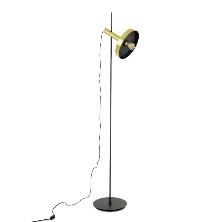 Floor lamp by Faro Barcelona with metal matte black stem and gold tone cylindrical arm plus wide circular directional head