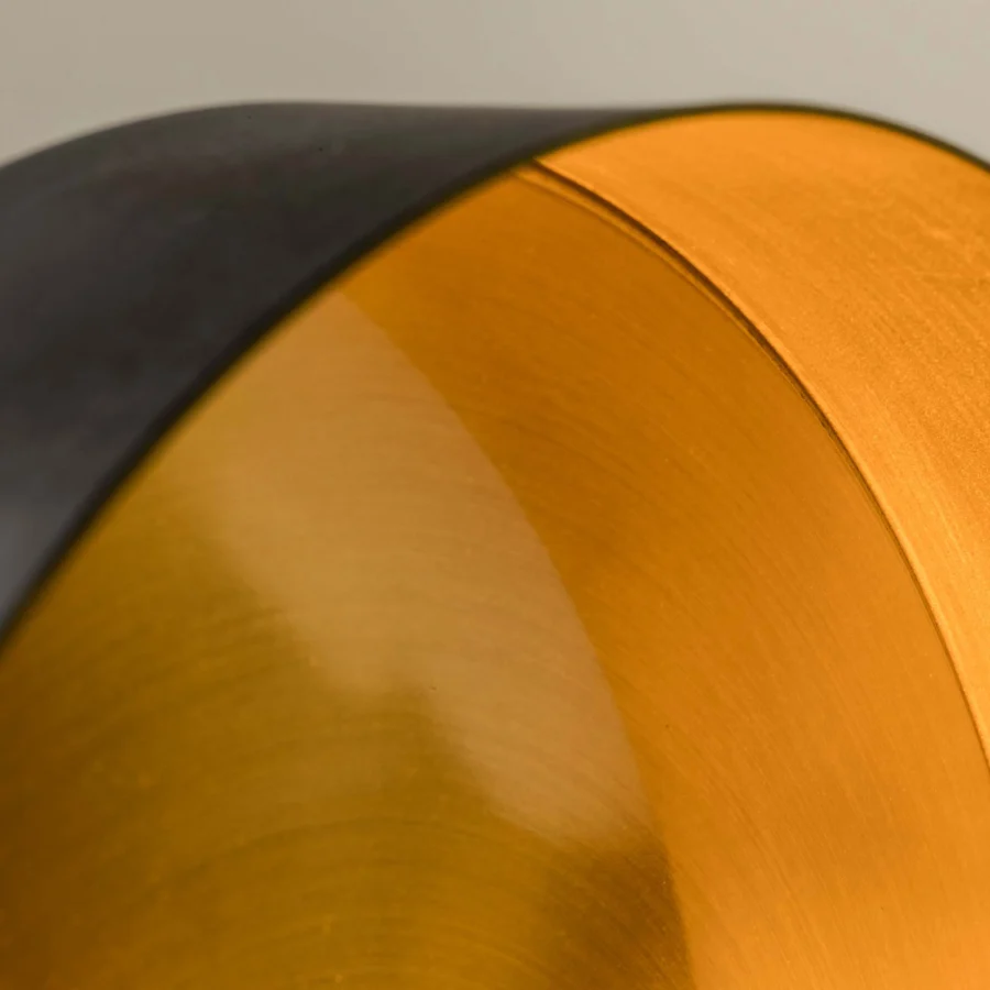 Floor lamp by Faro Barcelona Whizz in metal with matte black exterior and brushed gold interior for hemispherical shading