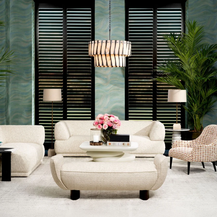 Bench by Eichholtz Stirling in cream Winslow chenille upholstery with charcoal legs and integrated rolled bolster ends