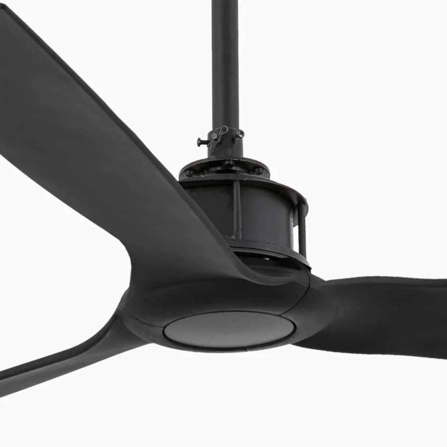 Ceiling fan by Faro Barcelona in matte black finish, housing a cylindrical motor alongside three curved blades and metal frame
