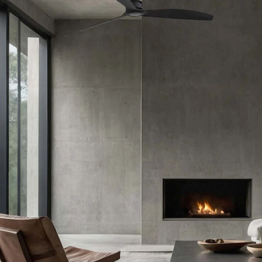 Ceiling fan by Faro Barcelona with sculptural metal frame and three elongated blades in a monochromatic matte black finish