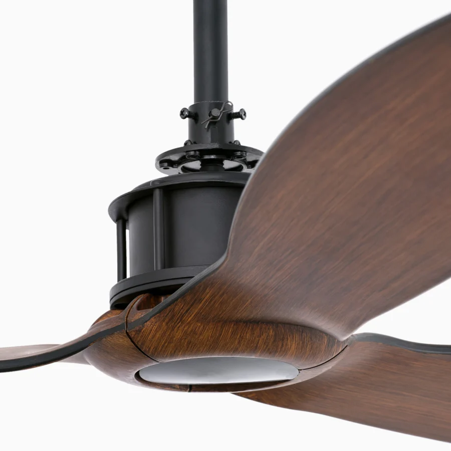Ceiling fan by Faro Barcelona with matte black metal frame and curved blades in a medium brown textured wood finish