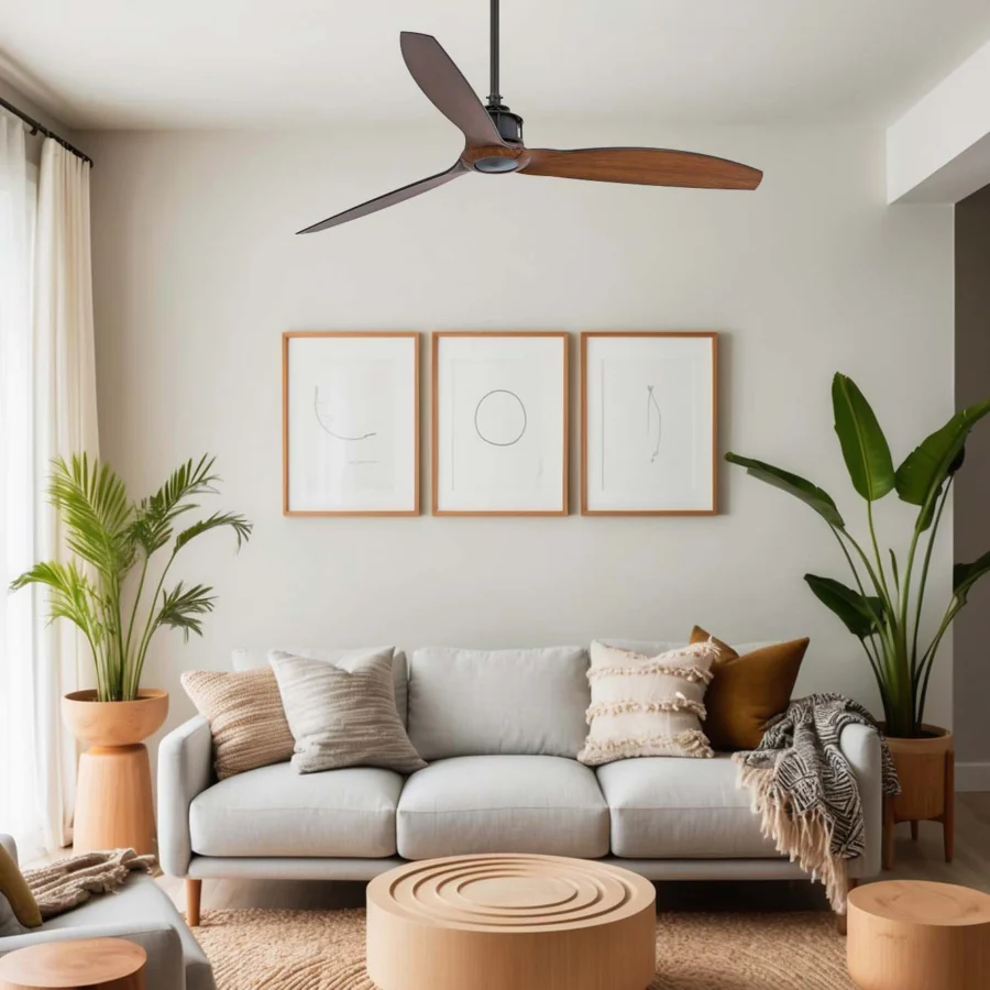 Ceiling fan by Faro Barcelona featuring wooden blades paired with a matte black metal motor housing and downrod