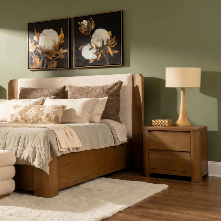 Nightstand by Dovetail Chadwick in brown rubber wood with oak veneer, featuring two drawers and a matte grain surface