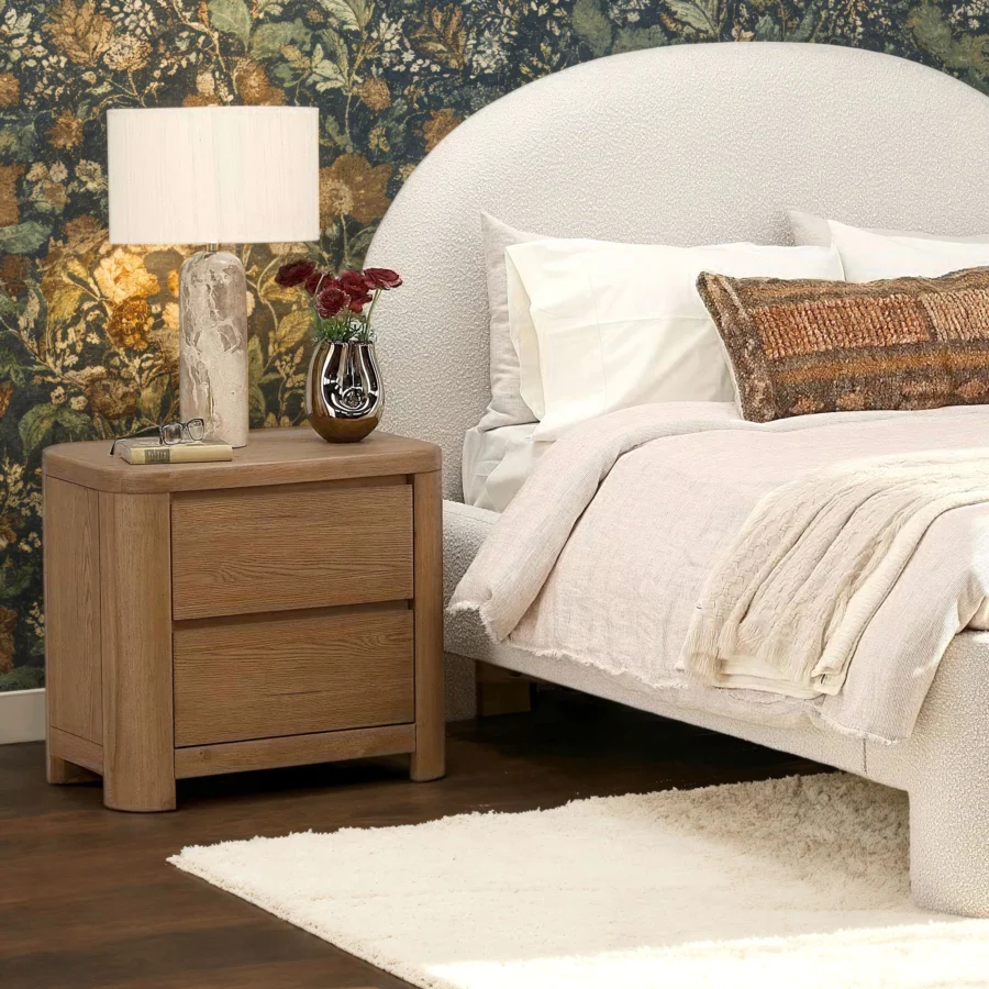 Nightstand by Dovetail Chadwick in rubber wood and brown oak veneer with a matte textured finish plus two drawer units