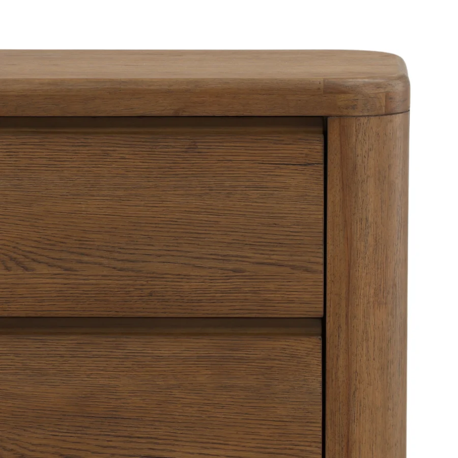Nightstand by Dovetail Chadwick in rubber wood with medium brown oak veneer, rounded corners plus two recessed drawers