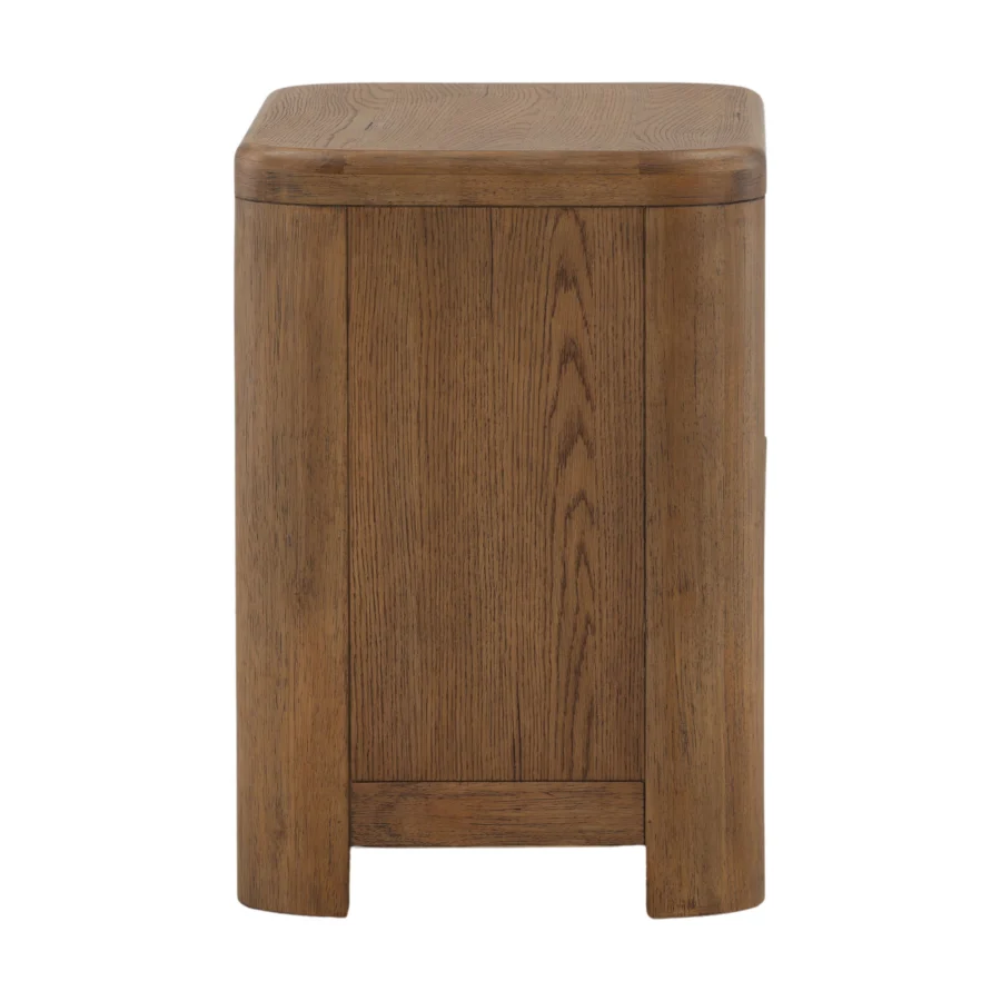 Nightstand by Dovetail Chadwick in rubber wood and oak veneer with matte brown finish, two drawers and rounded corners