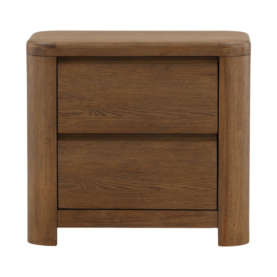 Nightstand by Dovetail Chadwick in rubber wood and brown oak veneer with a matte finish plus two handleless flush drawers