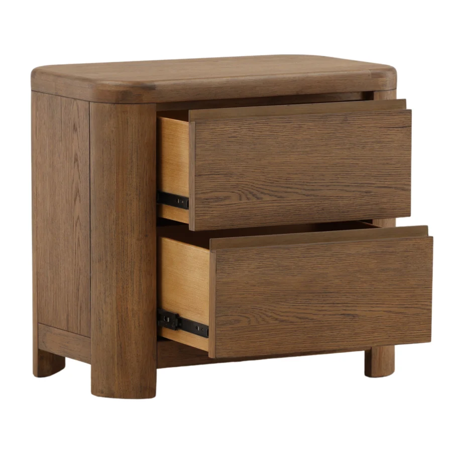 Nightstand by Dovetail Chadwick in rubber wood and brown oak veneer with linear grain, softened corners, two drawers