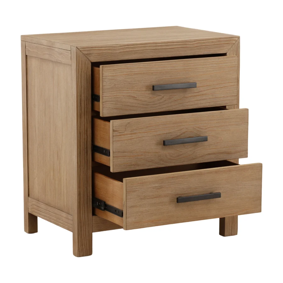 Nightstand by Dovetail Emmalyn in pine wood with light warm wash finish, three drawers and charcoal metal bar pulls