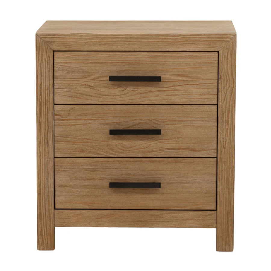 Nightstand by Dovetail Emmalyn in pine wood with light warm wash finish, three drawers and matte black bar handles