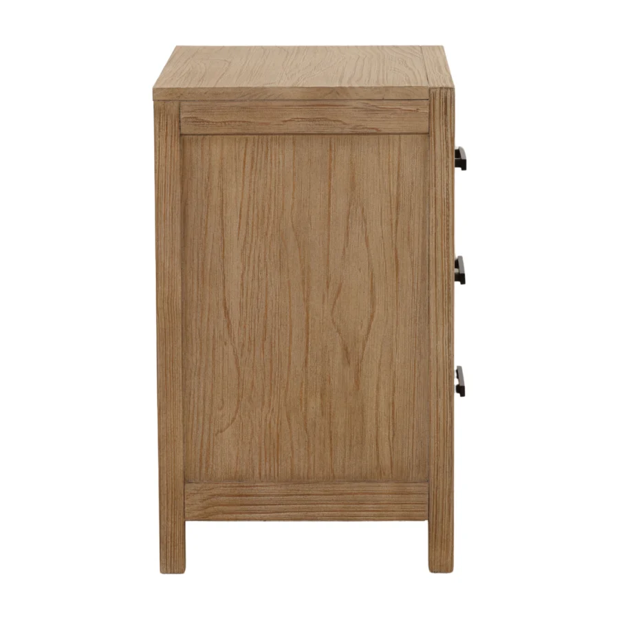 Nightstand by Dovetail Emmalyn in pine wood with light warm wash finish, three drawers, black metal handles, grain detail