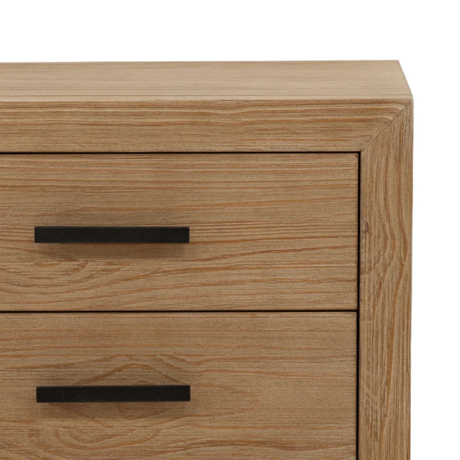 Nightstand by Dovetail Emmalyn in pine wood with warm wash finish, three drawers, dark metal bar pulls and straight legs
