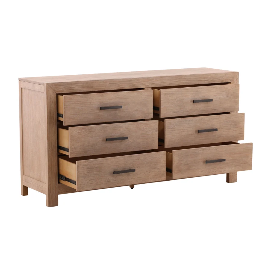 Dresser by Dovetail Emmalyn in solid pine wood and veneer with light warm wash finish, six drawers, dark hardware, feet
