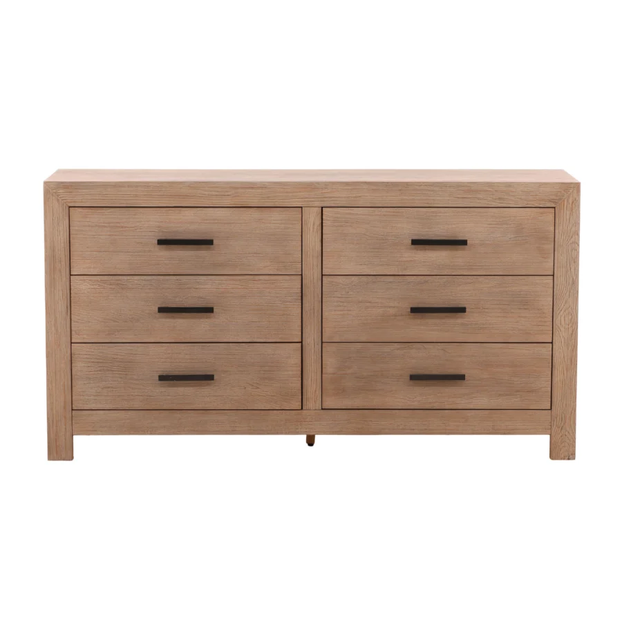 Dresser by Dovetail Emmalyn in solid pine wood and veneer with light warm wash finish, holding six drawers and dark…